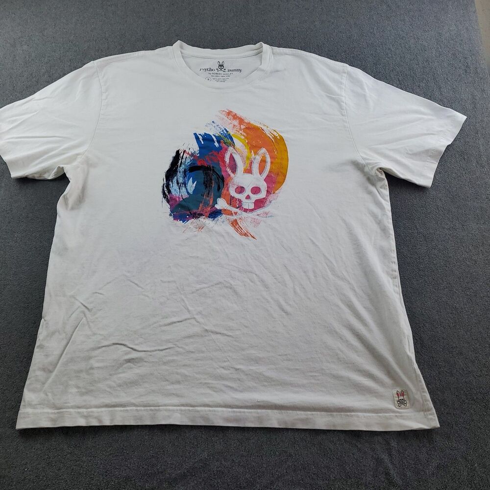 Psycho Bunny T-Shirt Mens White Watercolor Graphic  Pima Cotton Size 9